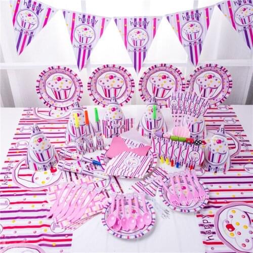 Pink Cupcake Pattern Theme Birthday Party Decorations Tableware Set Paper Cup Plate Tablecloth Horn Party Supplies Baby Shower