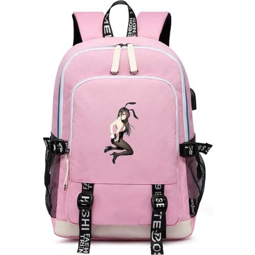 Rascal Does Not Dream of Bunny Girl Senpai Pink Women Backpack Oxford Cute School Bags Large Bookbag USB Port Laptop Bagpack