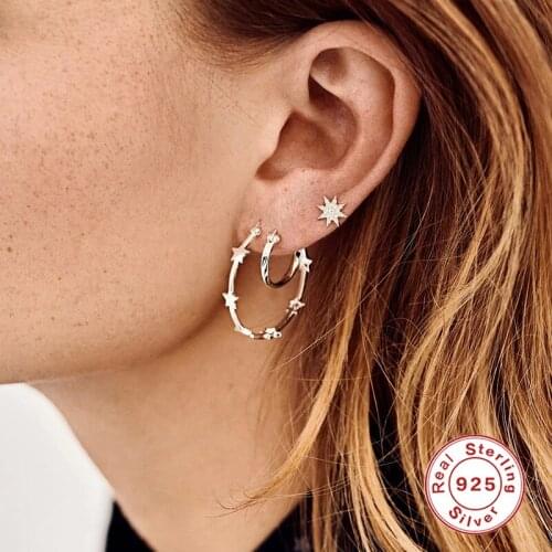 GS 925 Sterling Silver Stud Earrings Sun Line-styled Diamond Zircon Ear Stud Earrings For Women Girls Fine Jewelry 1Pair