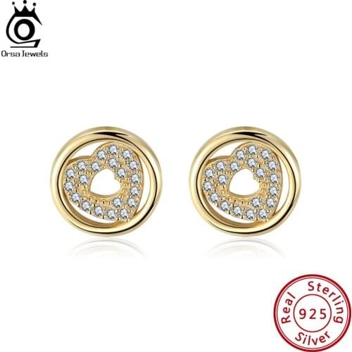ORSA JEWELS Gold Color Heart Shape Stud Earrings for Woman 925 Sterling Silver Jewelry Zirconia Small Cute Girl Earrings SE297