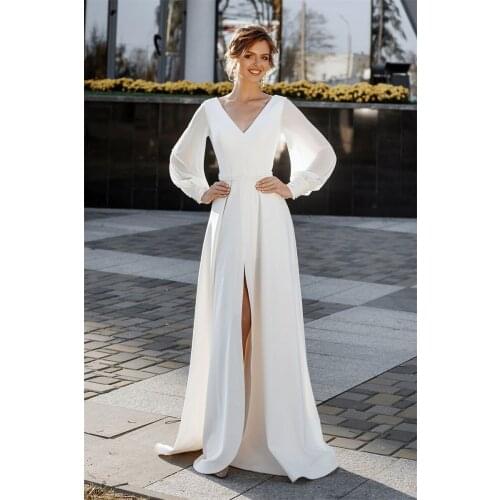 11206#V-Neck Slit Chiffon Backless Wedding Dress Bohemian Long Sleeves A-Line Hourglass Wrap Wedding Gown Sweep Train