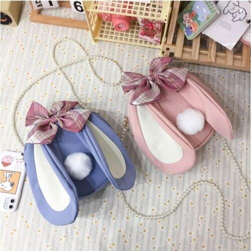 College style anime shoulder bag cute cute rabbit ears bow student pearl chain messenger bag female