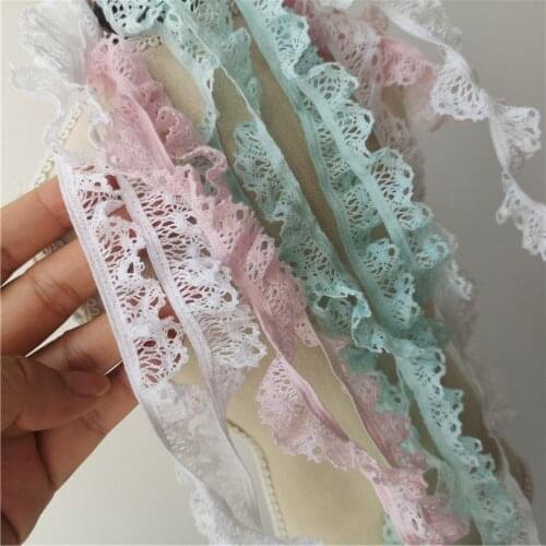 Super Narrow Cotton Ruffled Lace Trim 0.6" Width White/Pale Blue/Pale Pink 2 Yards
