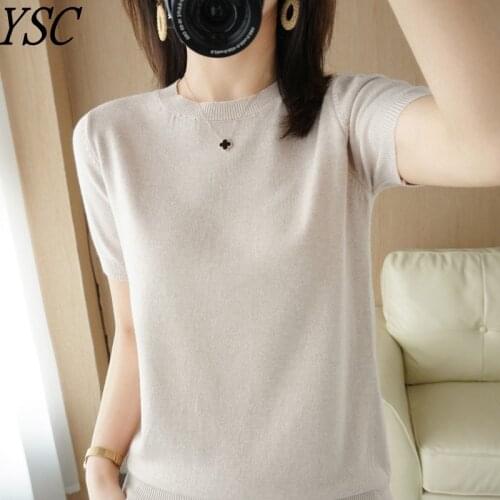 YSC 2021 New pattern Women pure cotton Sweater Classic crew neck Half sleeve Fine yarn soft High-quality pullover
