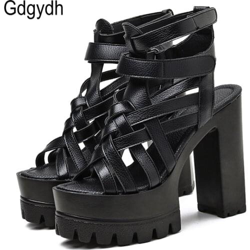 Gdgydh Black Soft Leather Summer High Heel Women Sandals 2021 New Arrival Catwalk Party Shoes Sexy Cross-tied Square Heel Gothic