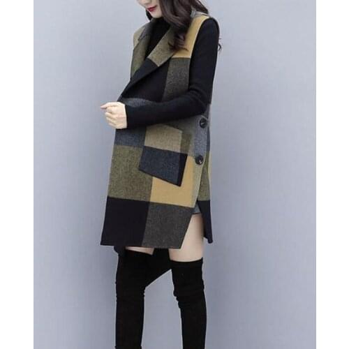 Fashion Ladies Vest Mid-Length Woolen Vest Spring Autumn Elegant Sleeveless Plaid Waistcoat Jacket Female Outerwear All Match