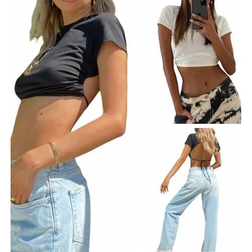 Women Tie Back Crop Tops, Short Sleeve Crew Neck Solid Color Rib Knit Tee Shirts