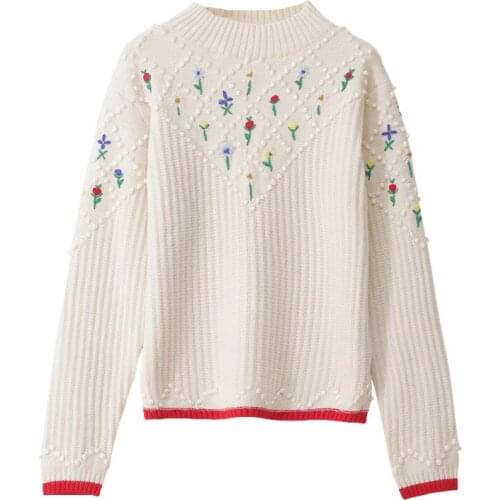 2020 Atumn Luxury Vintage Flowers Embroidery Knitted Sweater Pullovers Women O-Neck Patchwork Jumper Lady Femal High Quality