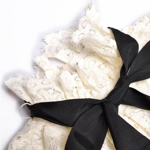 New Vintage Retro Lantern Long Sleeve Waist High Quality Lace Runway Designer Luxury White Black Mini Short Dresses Female