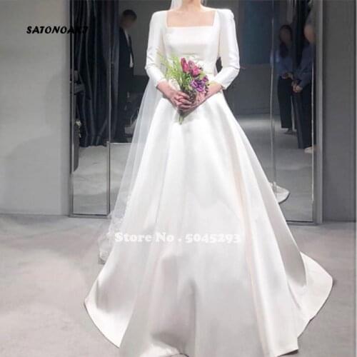 Simple White Ivory Wedding Dress 2020 for Women Three Quarter Sleeves Square Collar Bridal Gowns Vestido De Novia Robe Mariage