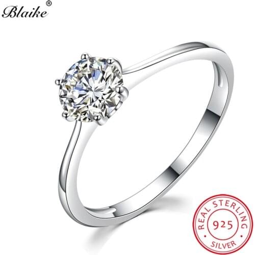 Blaike Real s925 Sterling Silver Rings For Women Round White Sapphire Stone Engagement Wedding Thin Ring Minimalist Fine Jewelry