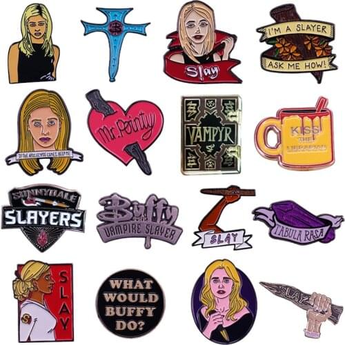 16 Styles Buffy the Vampire Slayer Series Brooch Mr. Pointy Stake Crystal Spell Librarian Mug Pin TV Show Fans Great Collection