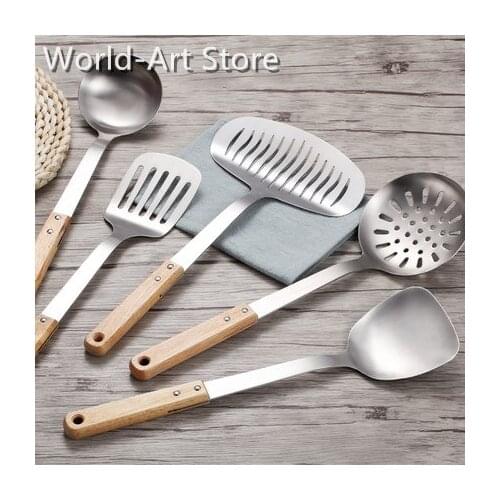 Wooden Handle Stainless Steel Spatula Set Anti-Scald Spatula Kitchenware Colander Soup Spoon Household Cookware Spatula