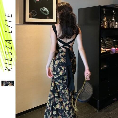French Black Floral Dress Female 2021 Summer Bandage Sexy Back Midi Holiday Beach Dresses