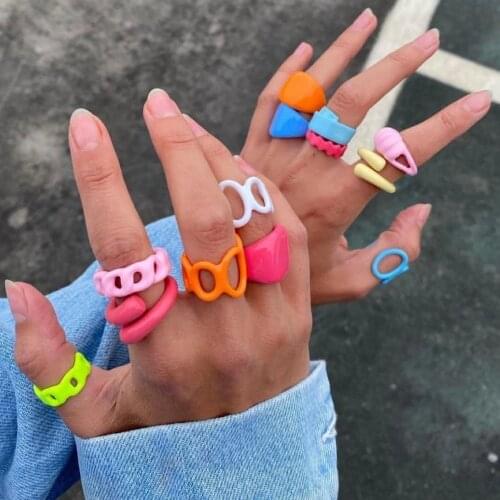 Korean Fashion Irregular Geometric Hand-painted Rainbow Stack Rings for Women Girls Creative Croissant Rings Party Jewelry