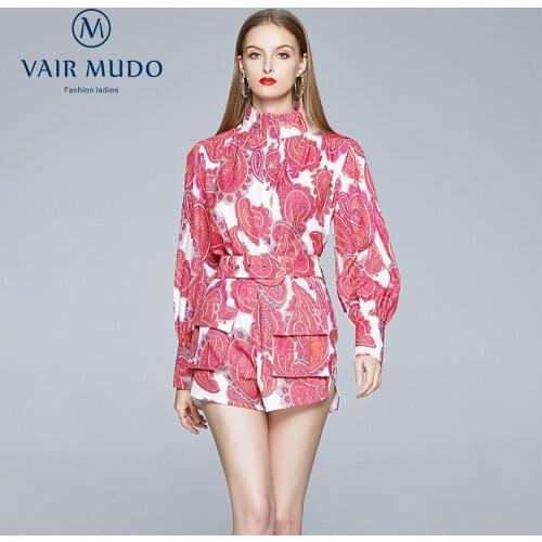 Clothes Suit Charm Exotic Style Early Catwalk Stand-Up Collar Lantern Long-Sleeved Printed Shirt Shorts Wide-Leg Pants Suit Y-66