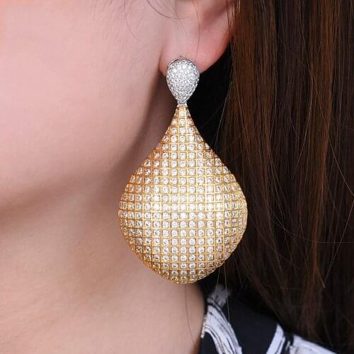 LARRAURI Trendy Shiny Full Cubic Zirconia Big Water Drop Pendant Earrings Luxury symbol Brand Jewelry Fashion Women Gift