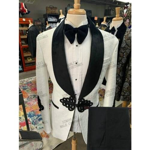 Fashion White Jacquard Black Shawl Lapel Costume Homme Men Suits Wedding Groom Tuxedo Terno Masculino Slim Fit Blazer 2 Pieces