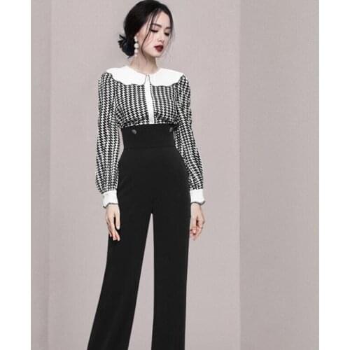 ZAWFL Fashion Set Autumn Womens Long Sleeve Nail Drill Stripe Print Blouses Tops+Trousers Comfortable Two-piece Set