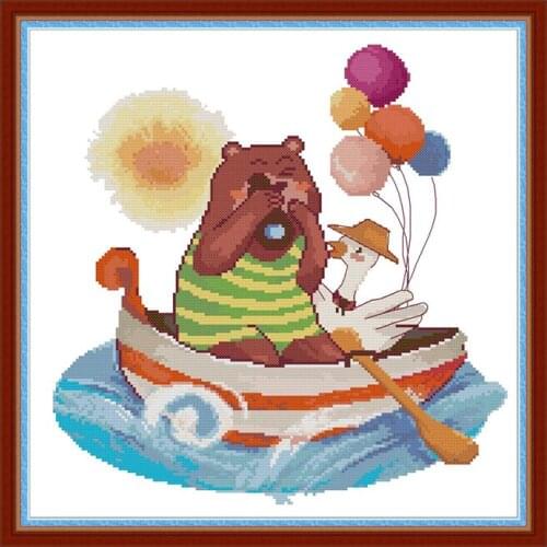 Travel Bear DIY Counted Cross Stitch Kits for Embroidery Kits 14CT Needlework Cross Stitch Sets Printed Canvas Hand Made Crafts