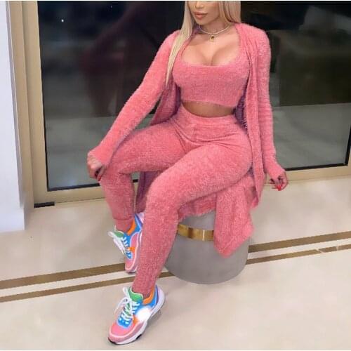 2020 New Winter Warm Clothing Sets Long Outwears & Pencil Pants Plush Solid Causal Home Comfy Clothes 3 Pieces Matching Sets Hot