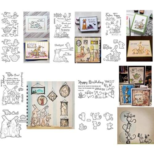 Easter Animals Rabbit Bunny Mouse Cat Clear Stamps with Metal Cutting Dies for Diy Scrapbooking Handmade Paper Cards Silicone Tr