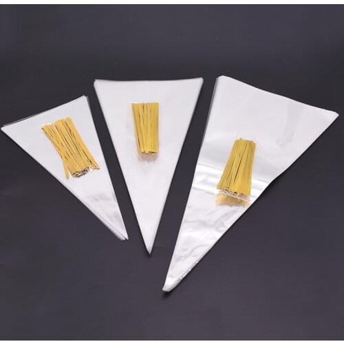 50Pcs 13x25cm 16x30cm 18x37cm Transparent Cone Bags Clear Cello Gift Bags Sweets Treat Bags with Gold Twist Ties Pouches Supply