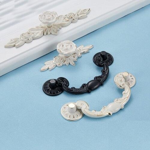 Ivory White Black Wardrobe Dresser Handles Zinc Alloy Flower Kitchen Cupboard Hardware European Fashion Cabinet Drawer Pulls