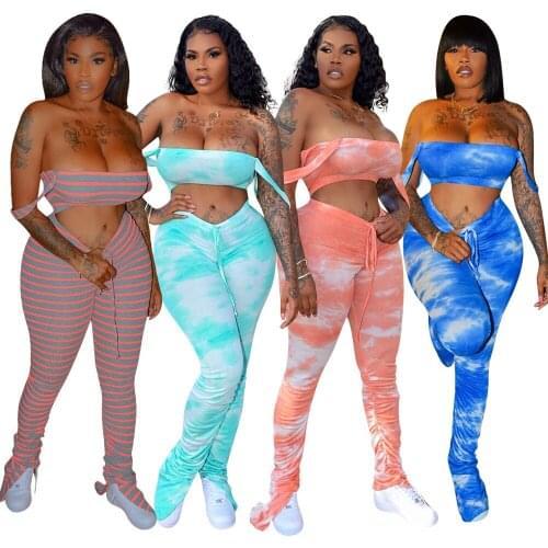 Adogirl Tie Dye Sportwear Two Piece Set Lounge Wear Sleeveless Crop Top+Split Hem Stacked Pants Sweatpants Bodycon Club Outfits