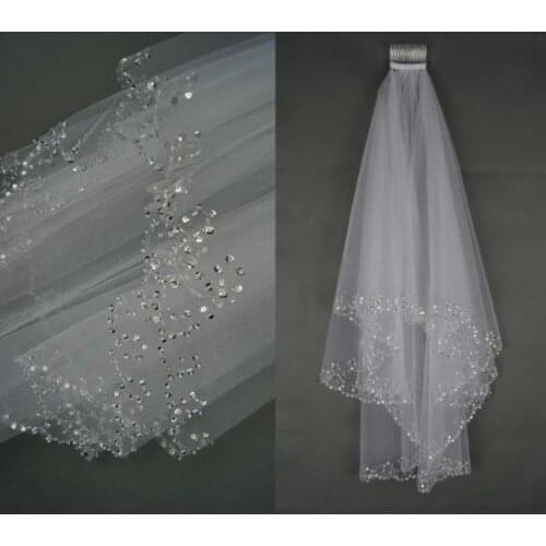 New 2 Tier White Ivory Elbow Sequins Beaded Edge Wedding Bridal Veil With Comb 2022