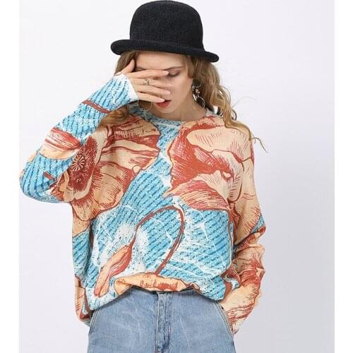 Fall Spring Digital Floral Print Sweaters Womens Clothing O-Neck Long Sleeve Knitted Pullover Tops Female Outerwear Pull TA6333