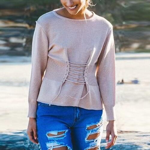 Conmoto Lace Up Khaki Women Sweaters Long Sleeve O-neck Knitted Pullovers Black Sweater 2020 Autumn Winter Pink Jumpers