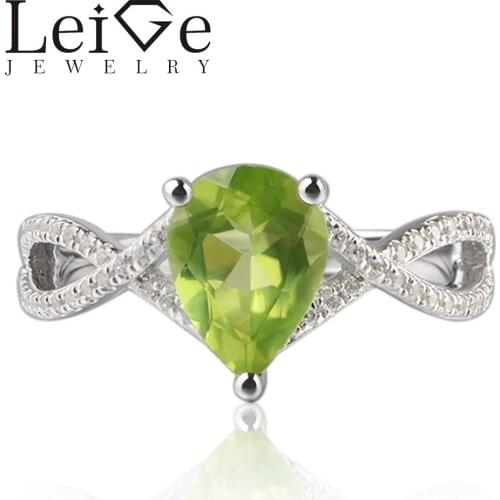 Leige Jewelry Natural Peridot Green Color Gemstone Pear Cut Prong Setting Rings Classic Gift For Woman Fine Jewelry