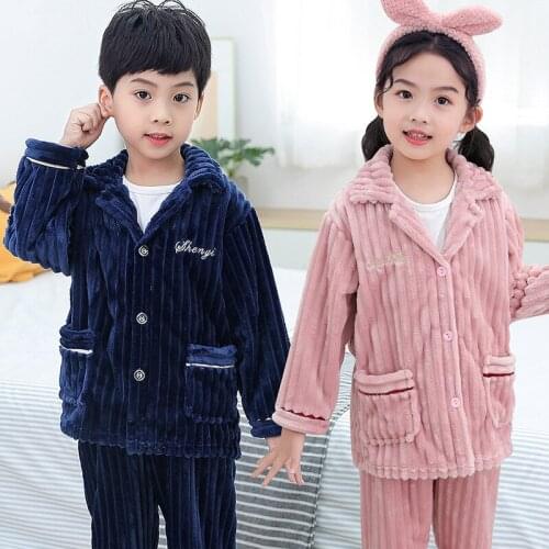 Spring Fall Autumn Winter Girls Boys Pajamas Fleece Ribbed Sleepwear Children Solid Thick Warm Kids Top and Pants Loungewear