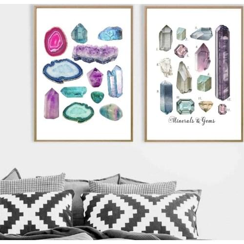 Vintage Gemstones Minerals Canvas Art Print , Watercolor Gemstones and Crystals Painting Semi Stones Geology Poster Home Decor