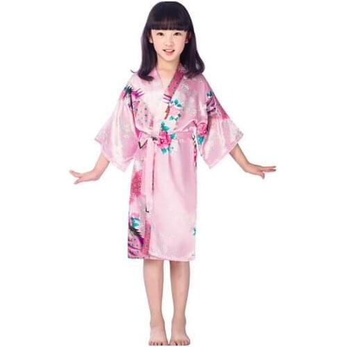 Girls satin kimono robes wedding bridesmaid party girls silk bathrobes peacock nightgown sleepwear Christmas solid girls robres