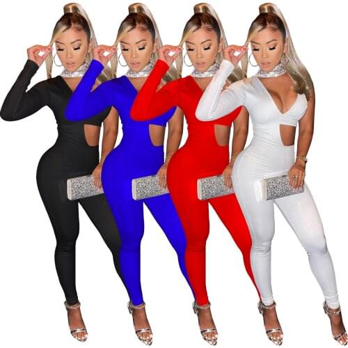 Casual Solid Jumpsuit Women Elegant Sequins V Neck One Shoulder Long Sleeve Hollow Out Sling Pants Asymmetry Romper Overalls
