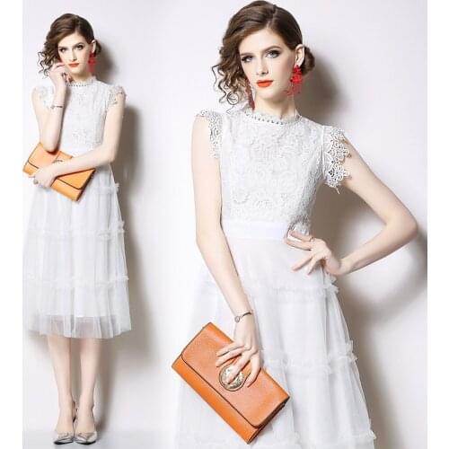 High Quality Stand Collar Sleeveless Lace Dress Women Party Dresses Fairy White Mesh Dress Ladies Midi Dress Vestidos De Fiesta