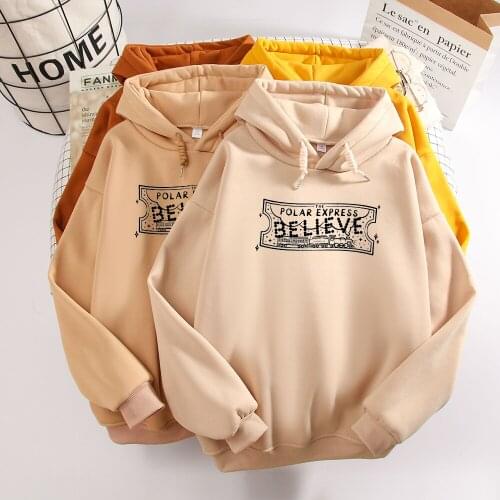 Women Fashion Plus Size Hoodies Polar Express Believe Funny Letter Print Sweatshirts Tracksuit Coat Thicken Loose Unisex Hoodies