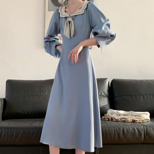 New Vintage Chiffon Dress Women Sweet Peter Pan Collar French Elegant Long Sleeve Fairy One Piece Dress Korean 2021 Spring Chic