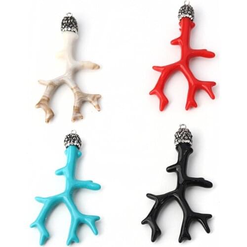 Acrylic Micro Paved Pendants Antler Branch Clear Rhinestone Jewelry Charms Necklace Handmade Diy Findings 68mm x 37mm, 2 PCs