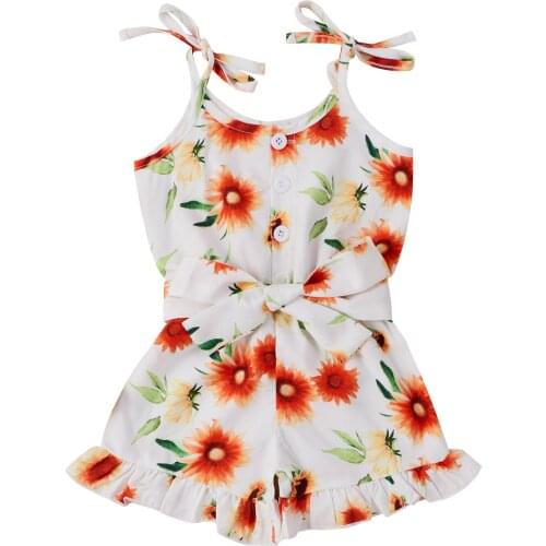 2021 New Baby Girls Sunflower Print Jumpsuit Spaghetti Straps O Neck Short Pants Romper Belt