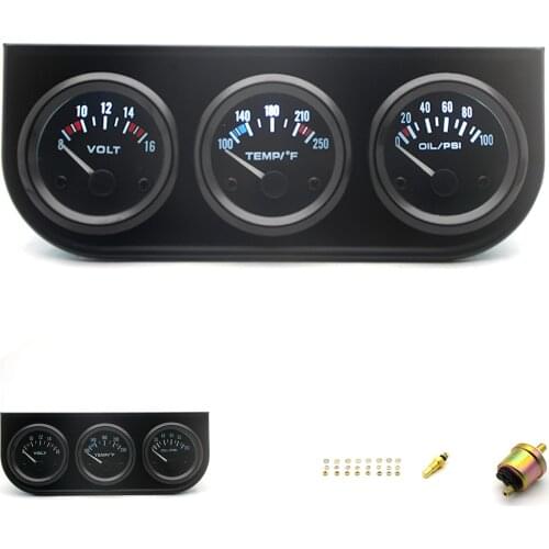 52mm Voltage Water Temp Oil Pressure 3 in 1 Gauge Meter Kit Black Bezel Black Face