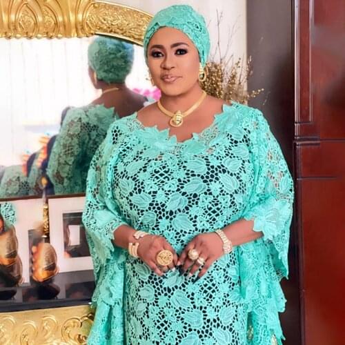 African Clothes For Women 2 Piece Set Embroidery Lace Dresses Nigerian Turban Large Size Boubou 2021 Fashion Abaya Dress Outfit