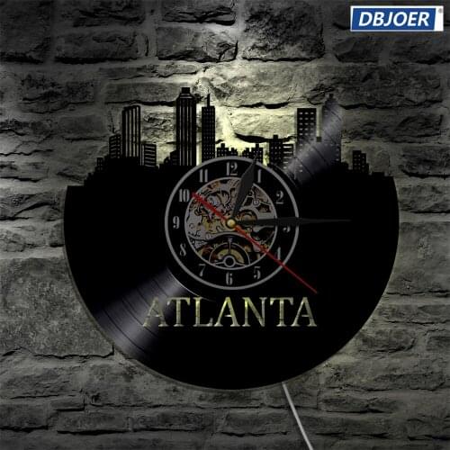 ATLANTA City LED Vinyl Clock Light Color Change Wall Light Remote Control LP Modern Backlight Cool Living Room Interior