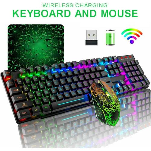 Wireless Keyboard & Mouse Set Gaming Waterproof Dustproof Rainbow LED Backlight Ergonomic Rechargeablle Keyboard & 2400DPI Mouse
