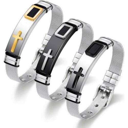 HNSP Stainless Steel Cross Bracelet Cuff Strap Bangles For Men Male Bff Gift