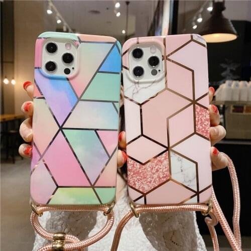 12Pro Summer Plating Rhombus marble crossbody chain phone case for iPhone 11 12 Pro max case XS MAX 7 8 plus SE2 12MINI X XR