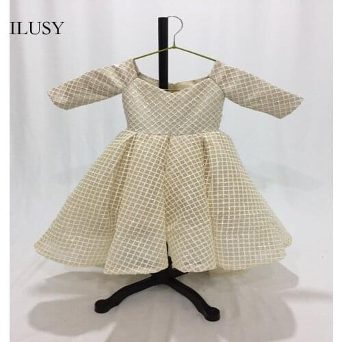 ILUSY Beige Ball Gown Flower Girl Dresses Puffy Square Neck Child Dress with Glitter