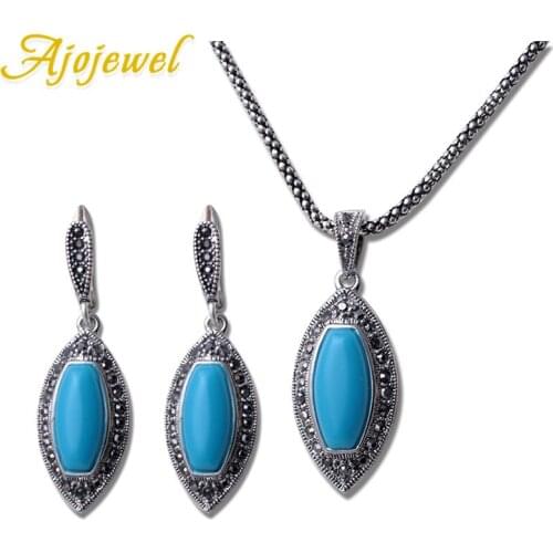 Ajojewel Blue Stone Earrings Necklace Set Vintage Style Black Rhinestone Jewelry High Quality Bijoux Match With Fine Gift Box
